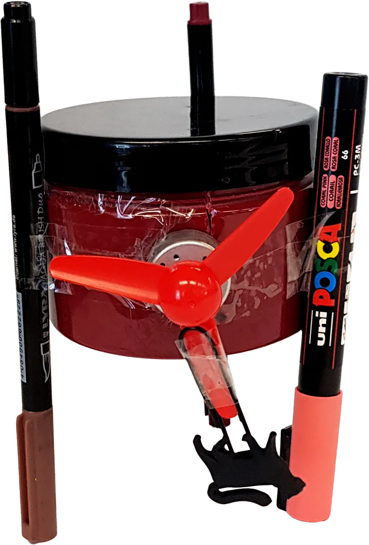 Robot 1: red jar with black lid, red fan and three markers as legs