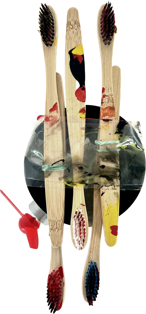 Underside of robot 2 with paint-covered toothbrushes