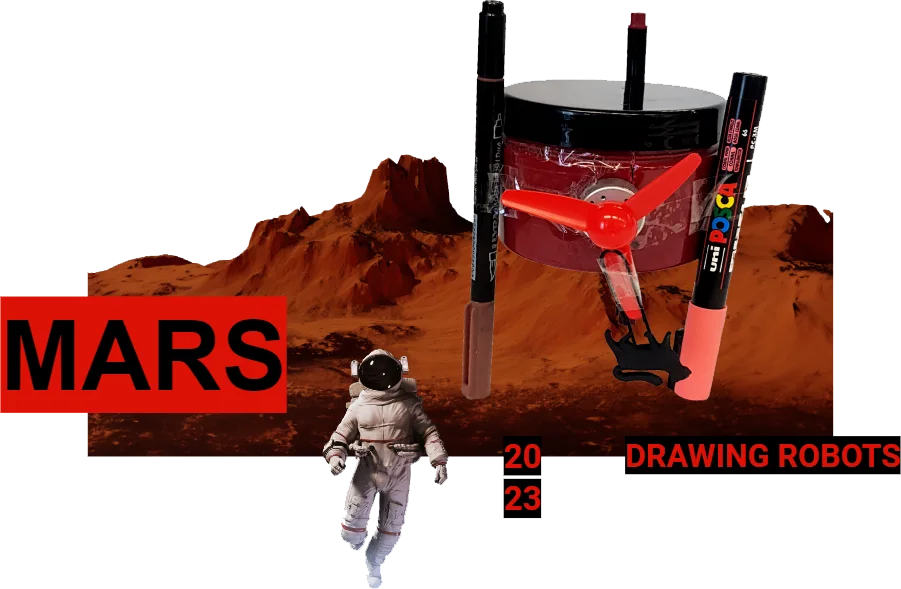 Presentation cover: robot 1 on a Mars landscape with an astronaut and the words MARS and Drawing Robots