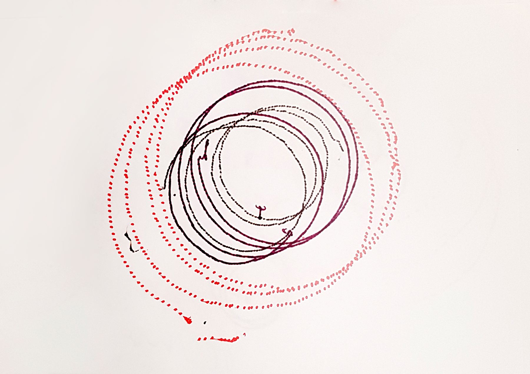 Tight black circles inside a ring of red dots