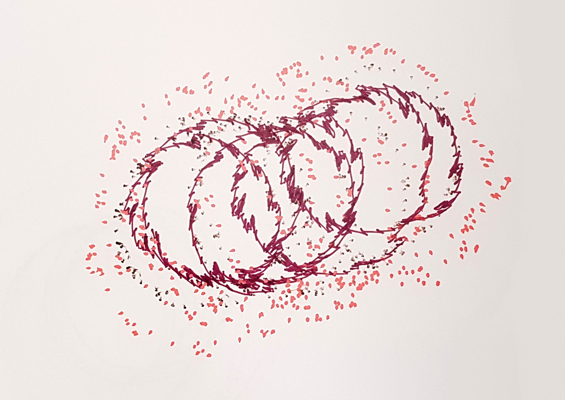 Overlapping dark red loops with scattered pink dots
