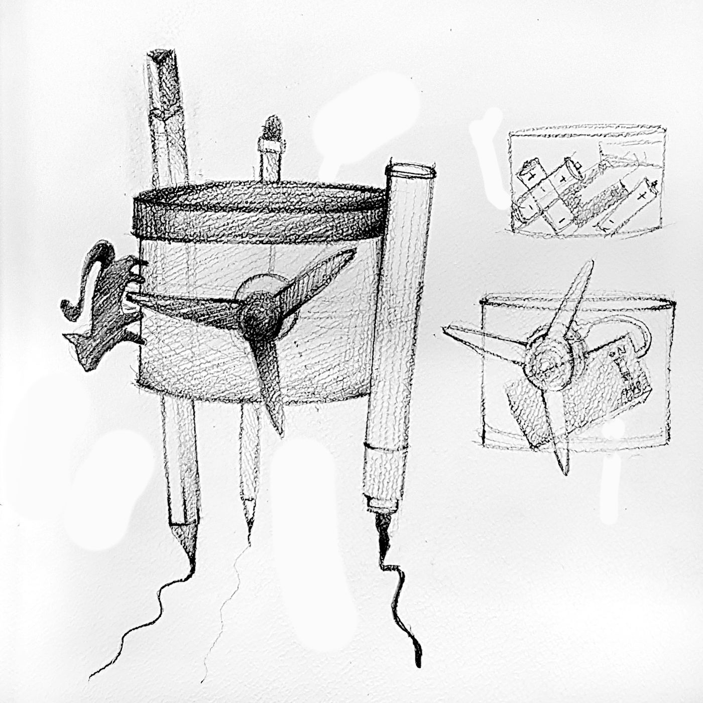 Pencil sketch of the jar robot with fan, pen legs and battery details
