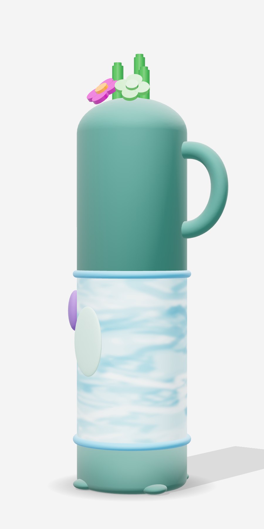 3D illustration of TEKBOO: the bottle covered in teal clay with a handle, feet and LEGO flowers