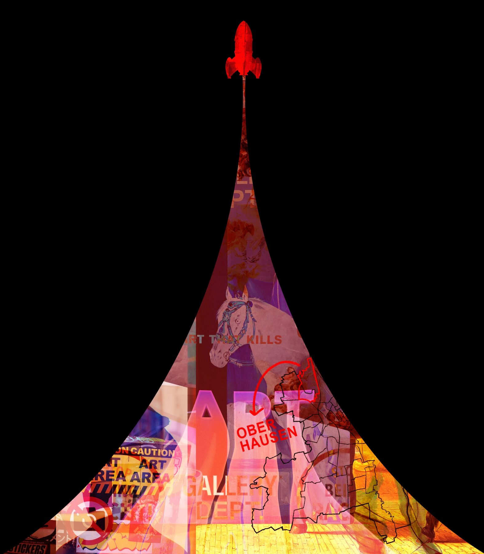 Coverillustration: rote Rakete über einer Collage aus Stadt und Kunst